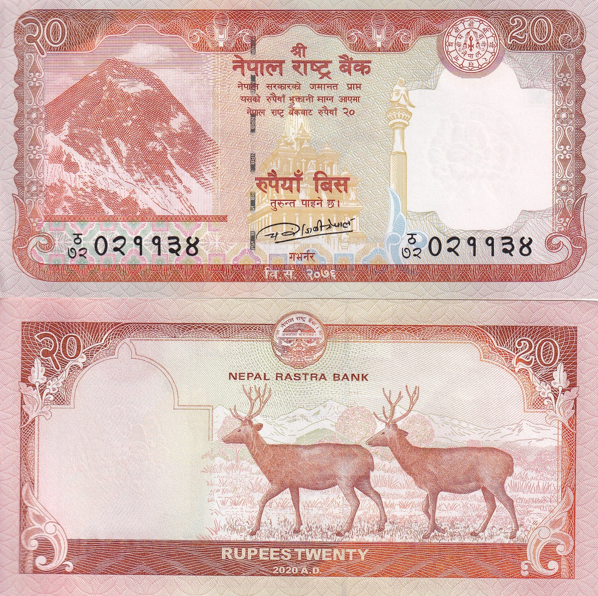 Nepal 20 Rupees 2020 P 78 b Sambar Deers UNC
