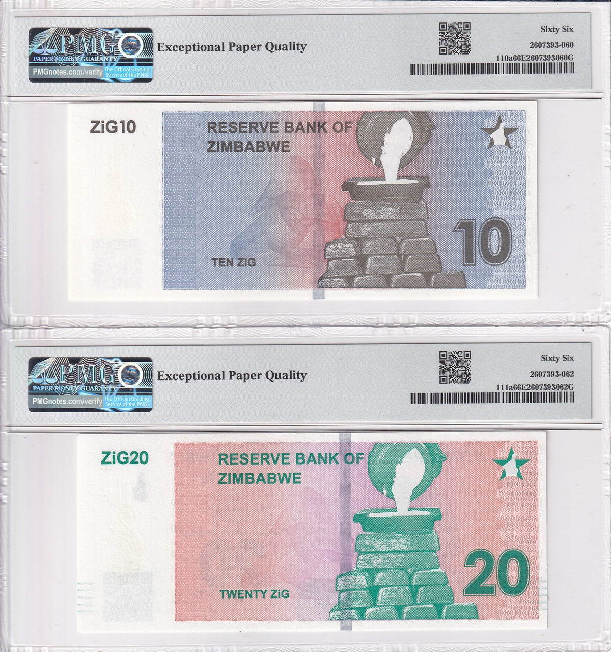 Zimbabwe Set 2; 10 20 ZIG 2024 P 110 P 111 Gem UNC PMG 66 EPQ