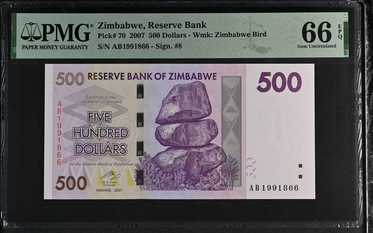 Zimbabwe 500 Dollars 2007 P 70 Gem UNC PMG 66 EPQ