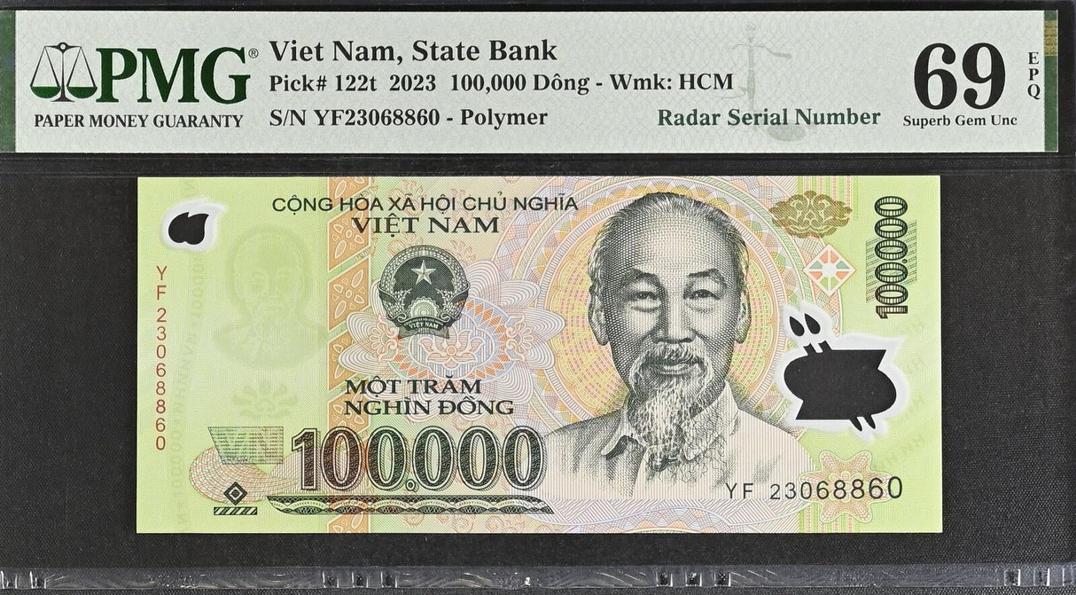 Vietnam 100000 Dong 2023 Polymer P 122 t RADAR Superb Gem UNC PMG 69 EPQ TOP POP