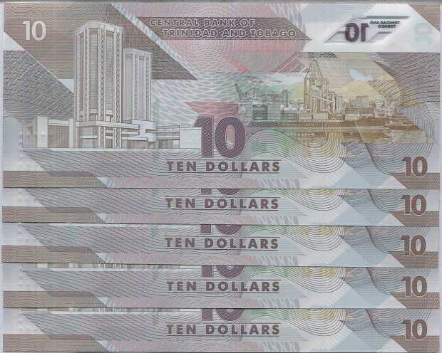 Trinidad & Tobago 10 Dollar 2020/2021 Polymer P 62 Polymer UNC LOT 5 PCS