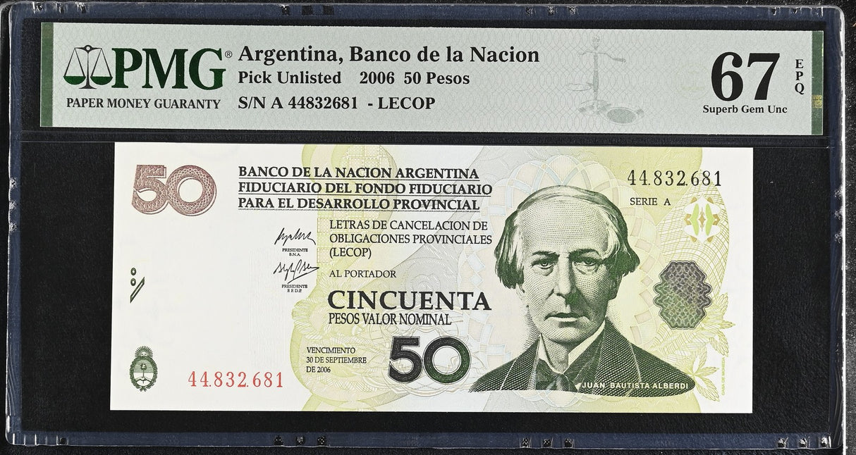 Argentina 50 Pesos 2006 Emergency Note LECOP Superb Gem UNC PMG 67 EPQ