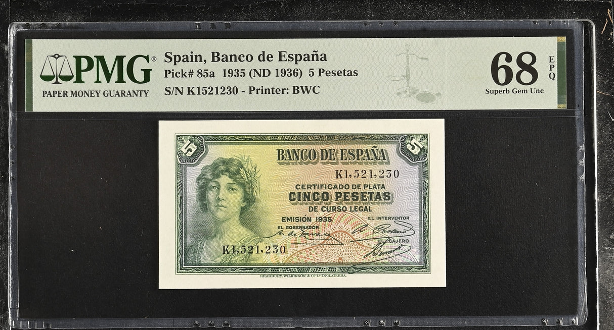 Spain 5 Pesetas 1935 ND 1936 P 85 a Superb Gem UNC PMG 68 EPQ