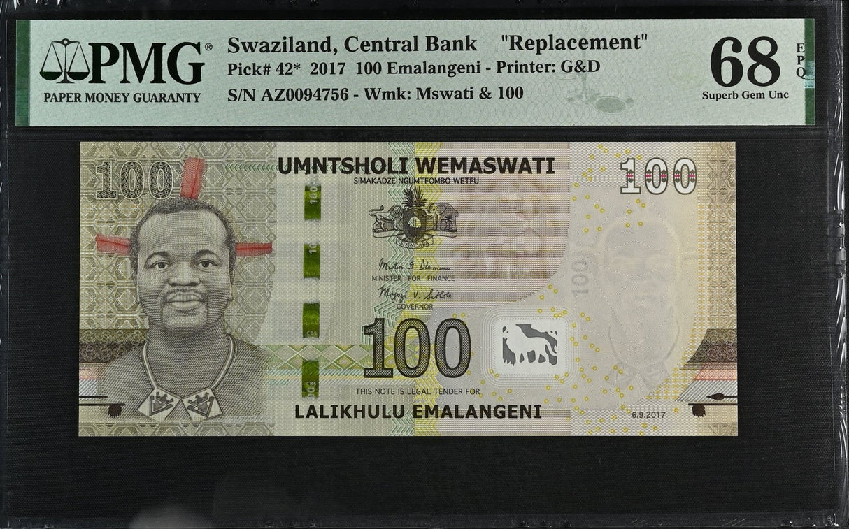 Swaziland 100 Emalangeni 2017 P 42* Replacement Superb Gem UNC PMG 68 EPQ TOP