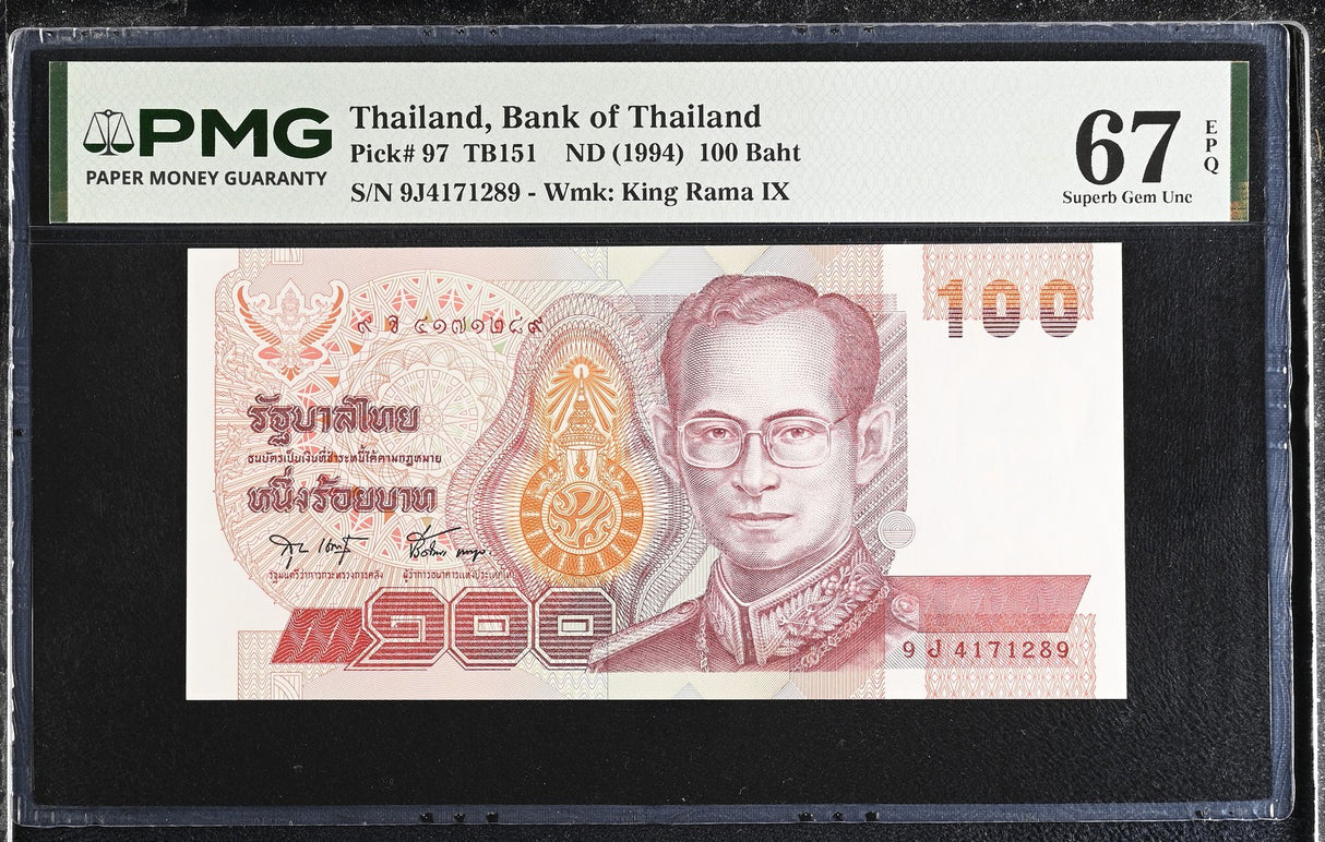 Thailand 100 Baht ND 1994 P 97 SIGN 75 Superb Gem UNC PMG 67 EPQ