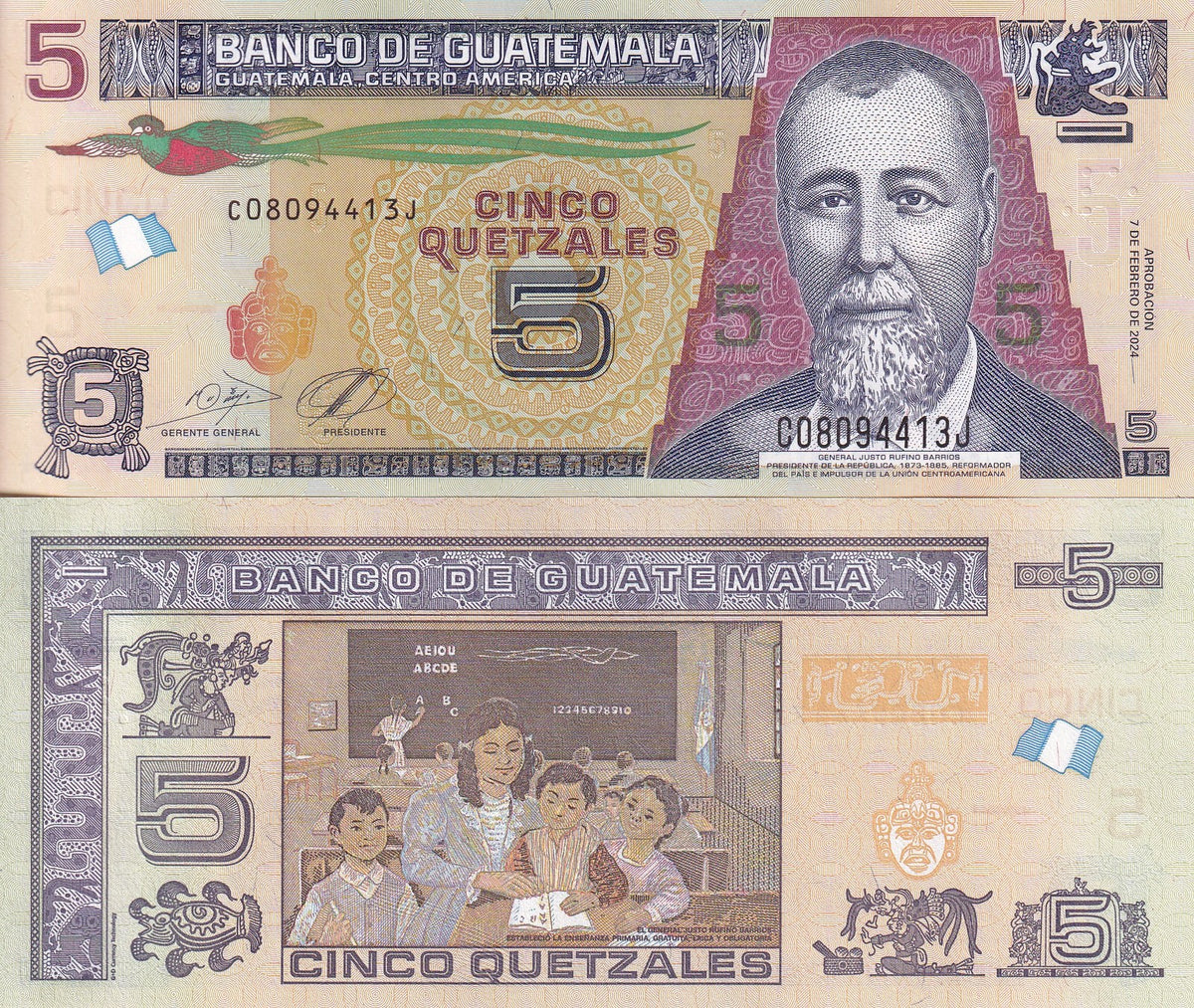 Guatemala 5 Quetzales 2024 2026 New Sign Date P 122Ai UNC ,Barrios, Classroom