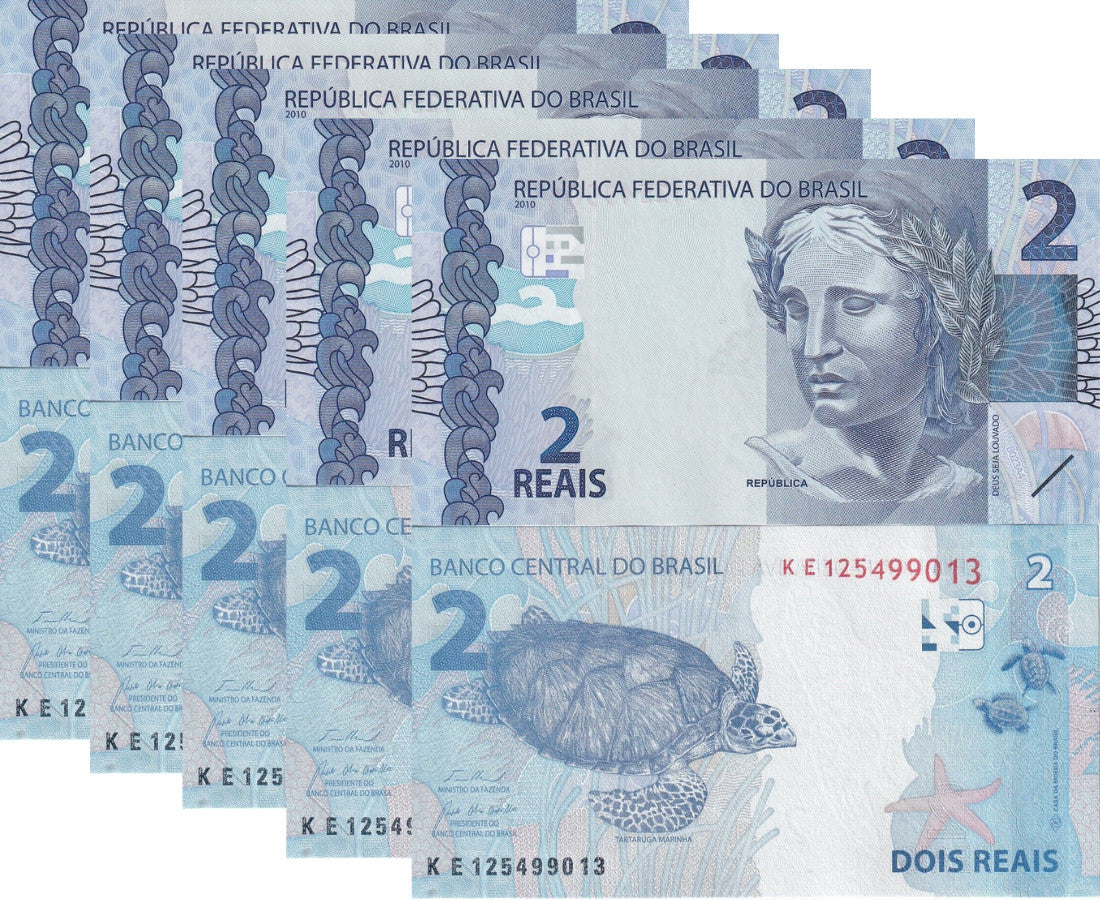 Brazil 2 Reais ND 2010 (2024) New Sign P 252 g UNC LOT 5 PCS ,Sea turtle