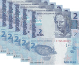 Brazil 2 Reais ND 2010 (2024) New Sign P 252 g UNC LOT 5 PCS ,Sea turtle