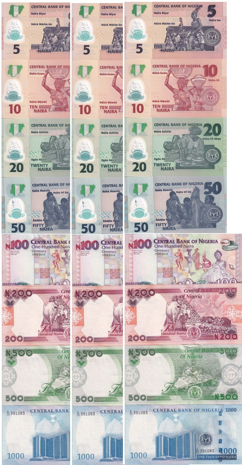 Nigeria Set 8 x Lot 3 UNC 5 10 20 50 - 1000 Naira Mixed Year P 34 38 39 - 49