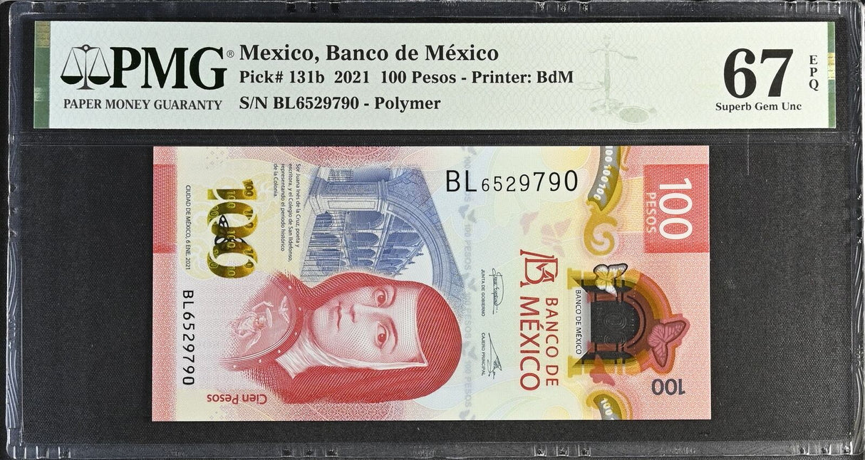 Mexico 100 Pesos 2021 P 131 b Polymer Superb Gem UNC PMG 67 EPQ