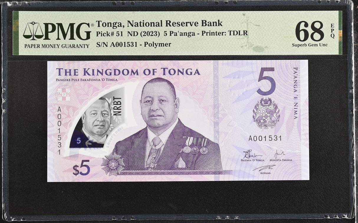 Tonga 5 Pananga ND 2023 P 51 Polymer Superb Gem UNC PMG 68 EPQ TOP POP
