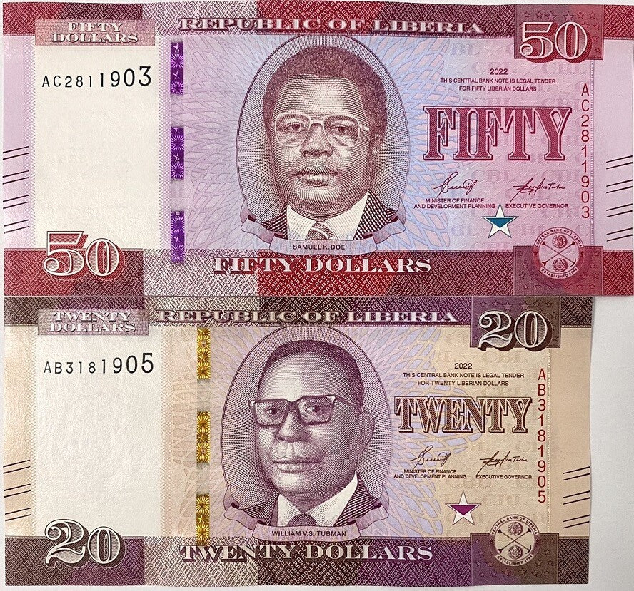 Liberia Set 2 Pcs 20 50 Dollars 2022 P 39 40 UNC