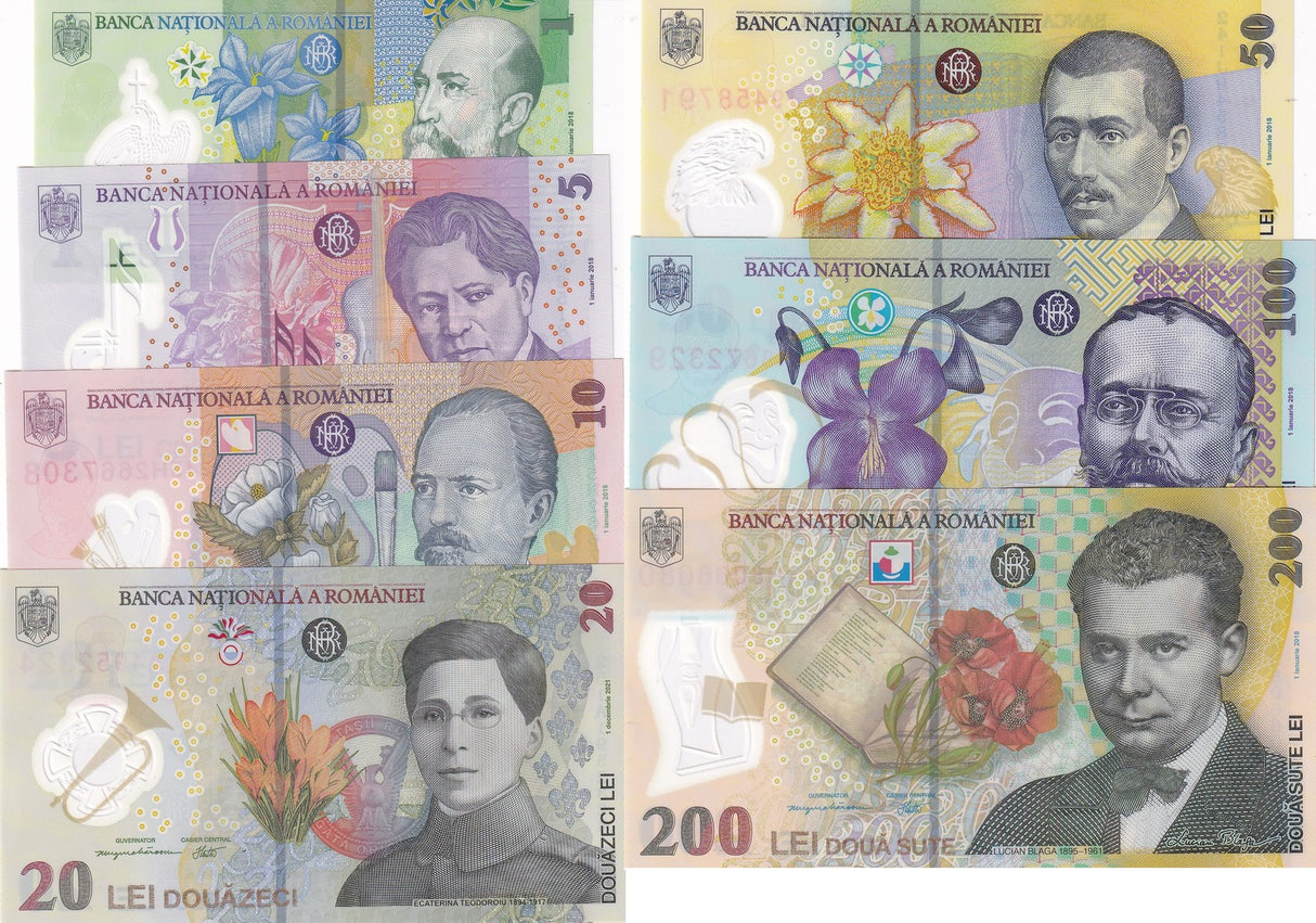 Romania Set 7 Unc 1 5 10 20 50 100 200 Lei 2023 - 2025 P 117 118-122 Polymer