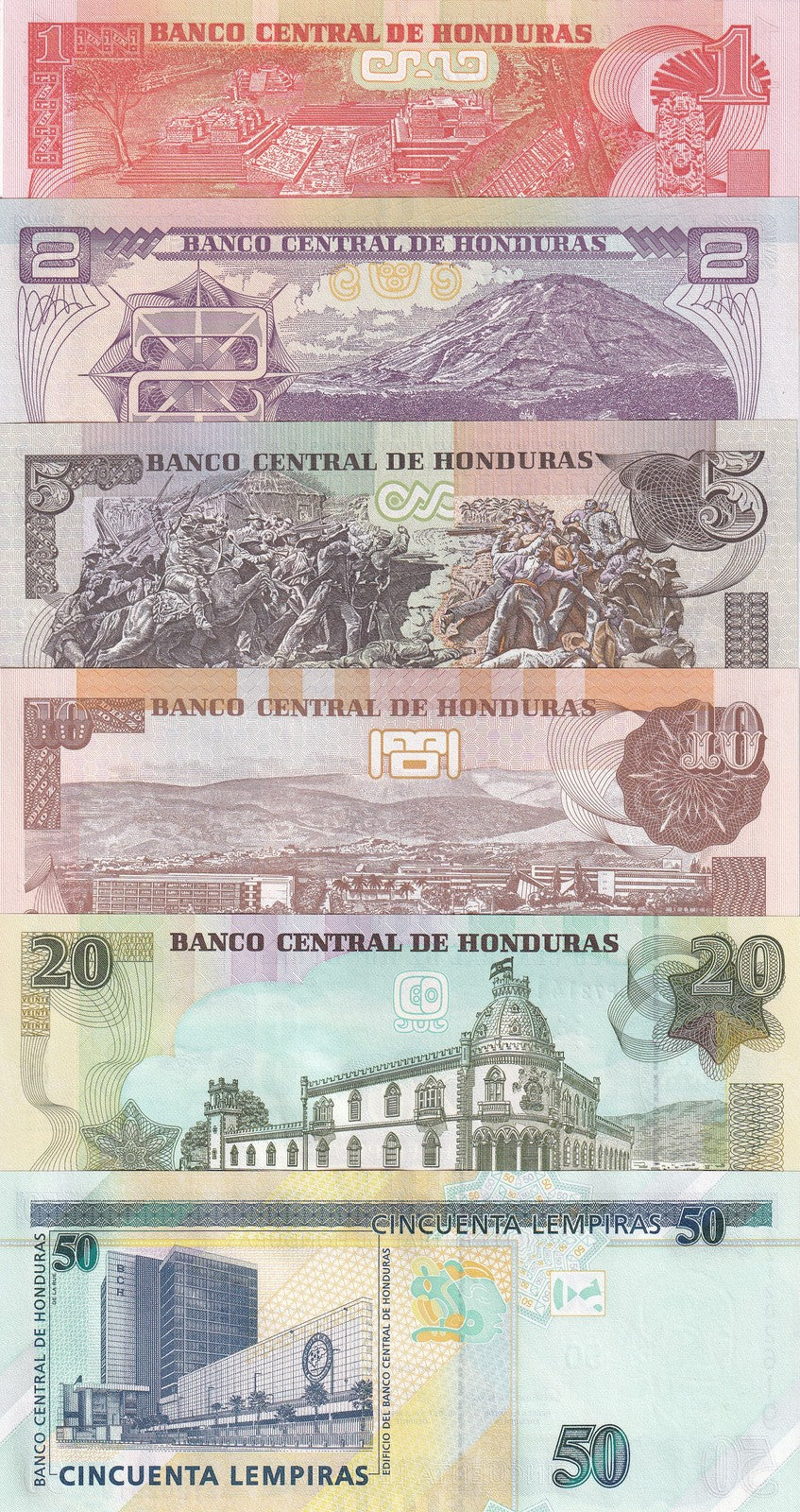 Honduras Set 6 UNC 1-50 Lempiras 2022-2024 P 96 97 98 99 - 104 New Dates