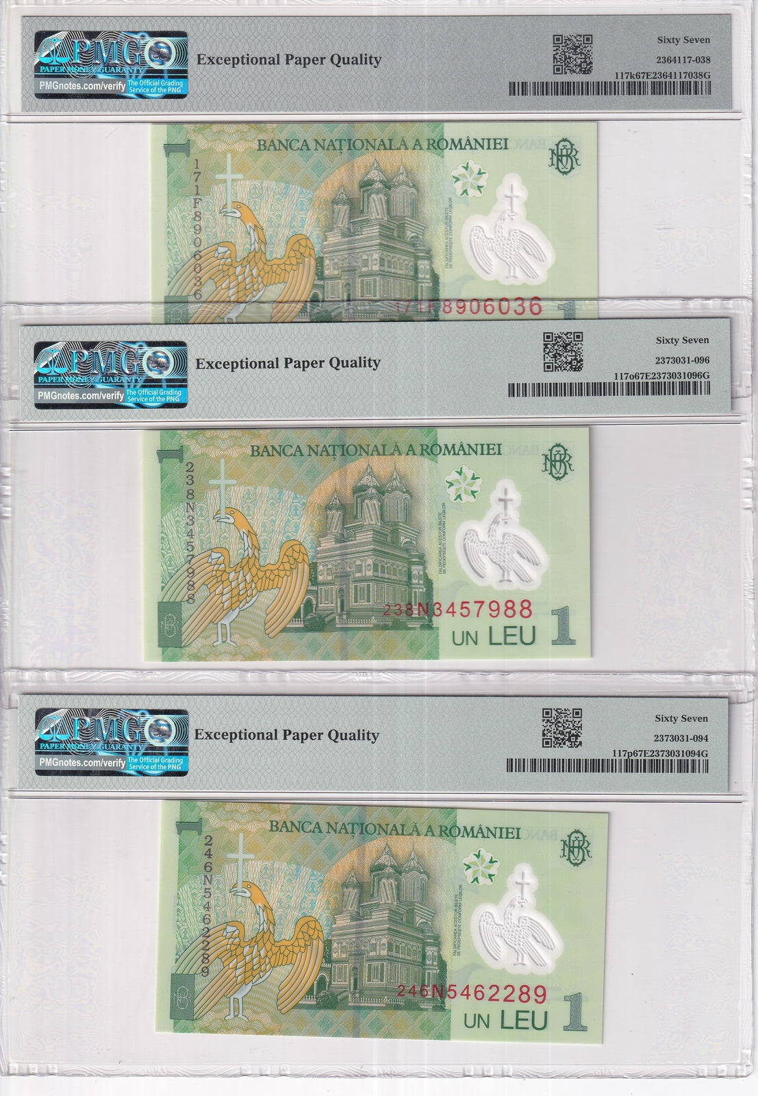 Romania Set 3; 1 Leu 2017 2023 2024 P 117 Superb Gem UNC PMG 67 EPQ