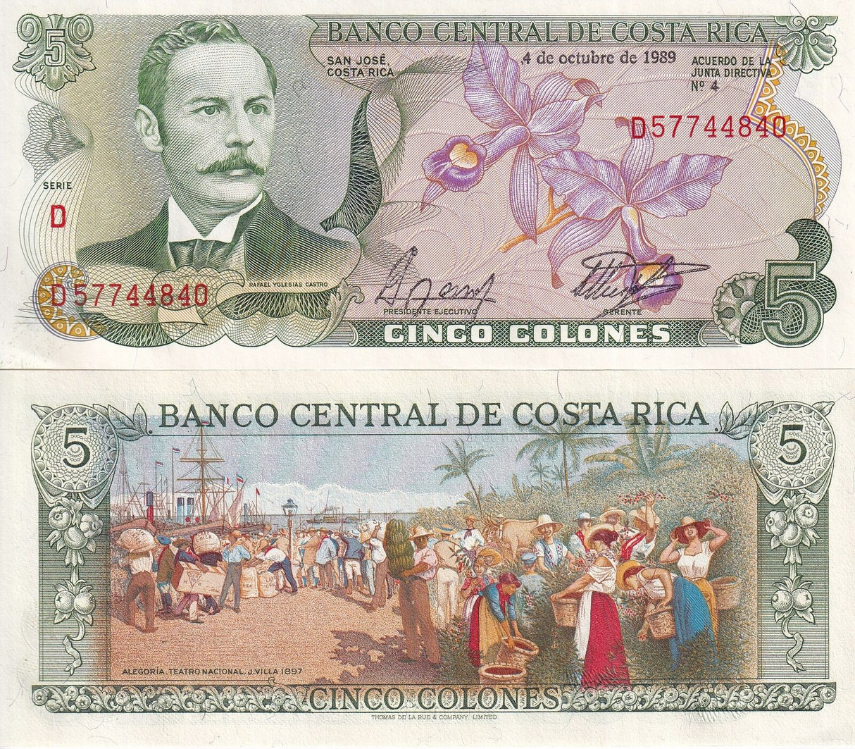 Costa Rica 5 Colones 1989 P 236 d UNC