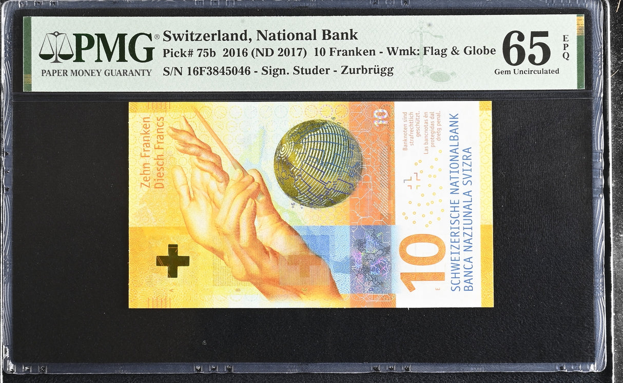 Switzerland 10 Franken 2016 ND 2017 P 75 b Gem UNC PMG 65 EPQ