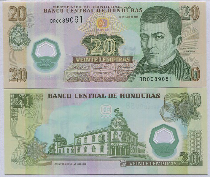 Honduras 20 Lempiras 2008 Polymer P 95 UNC