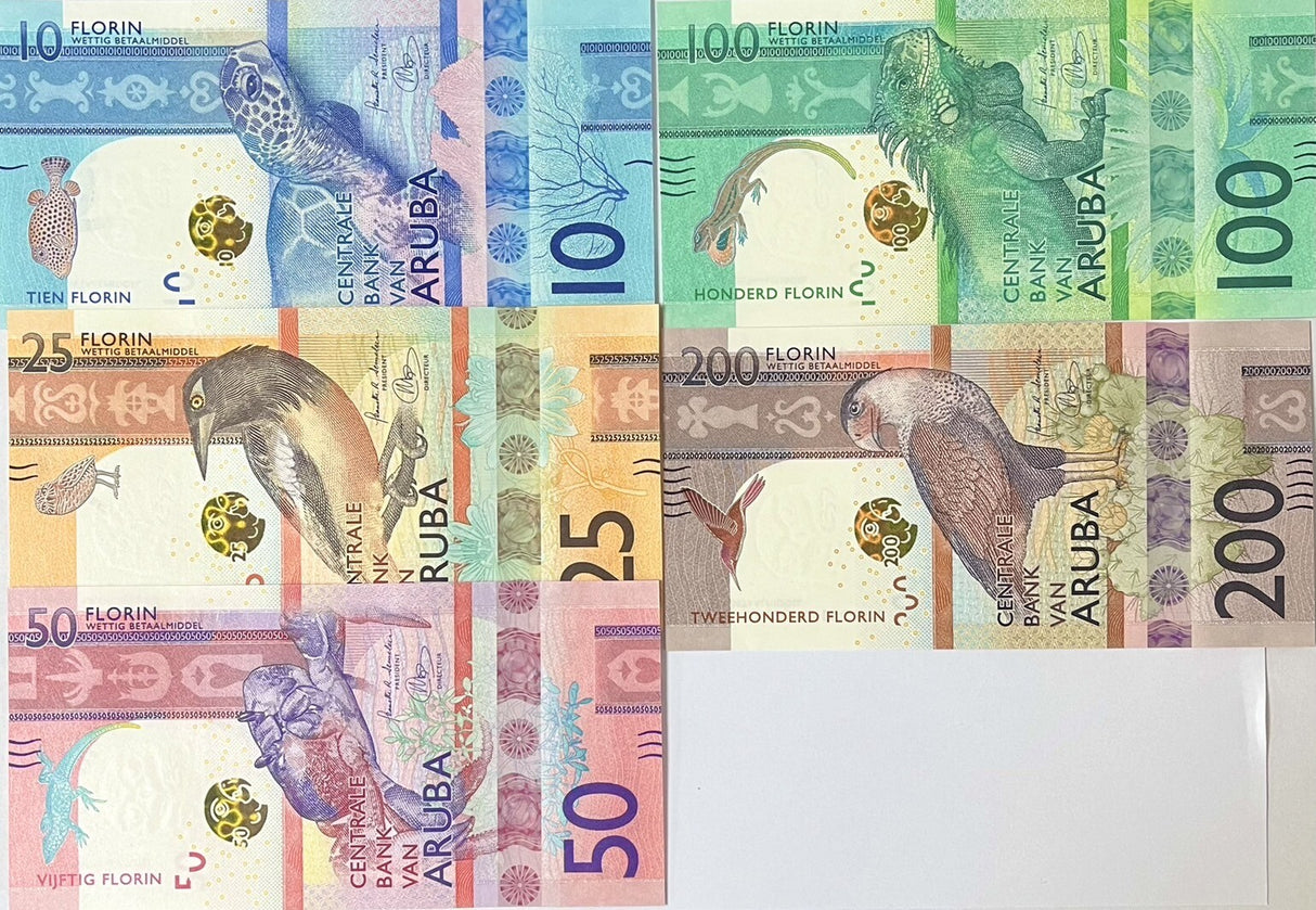 Aruba Set 5 Pcs 10 25 50 100 200 Florin 2019 P 21 22 23 24 25 UNC