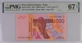 West African State TOGO 1000 Francs 2014 P 815Tn Superb Gem UNC PMG 67 EPQ