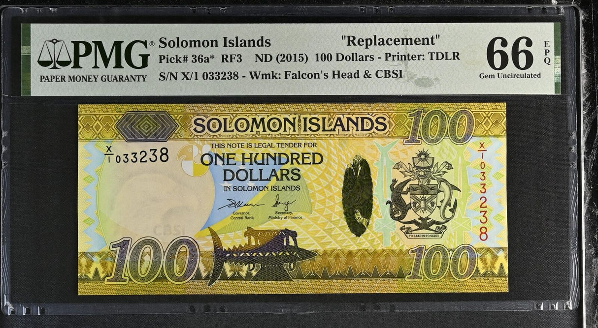 Solomon Islands 100 Dollars ND 2015 P 36 a* X/1 Replacement Gem UNC PMG 66 EPQ