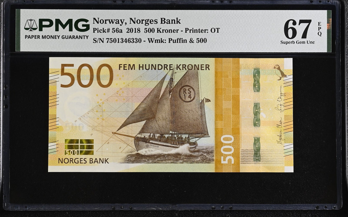 Norway 500 Kroner 2018 P 56 a Superb Gem UNC PMG 67 EPQ ,Stavanger ,Printer OT
