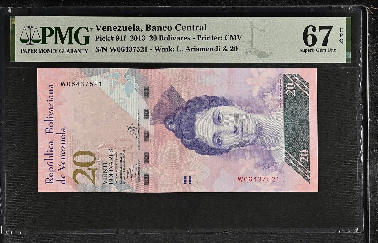 Venezuela 20 Bolivares 2013 P 91 f Superb Gem UNC PMG 67 EPQ