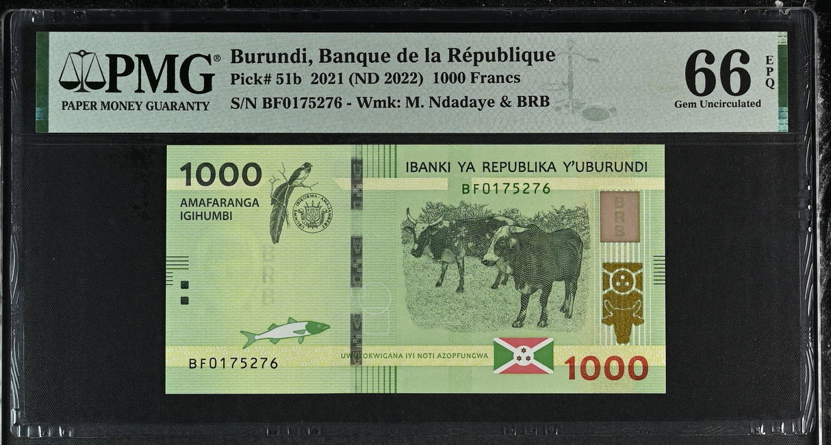 Burundi 1000 Francs 2021 ND 2022 P 51 b Gem UNC PMG 66 EPQ