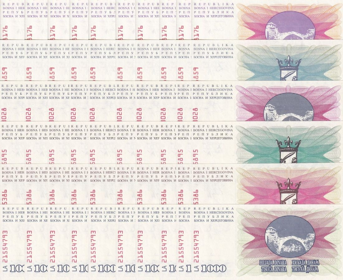 Bosnia Set 6 X LOT 10 = 60 UNC 10 25 50 100 500 1000 Dinara 1992 P 10 11 12 - 15