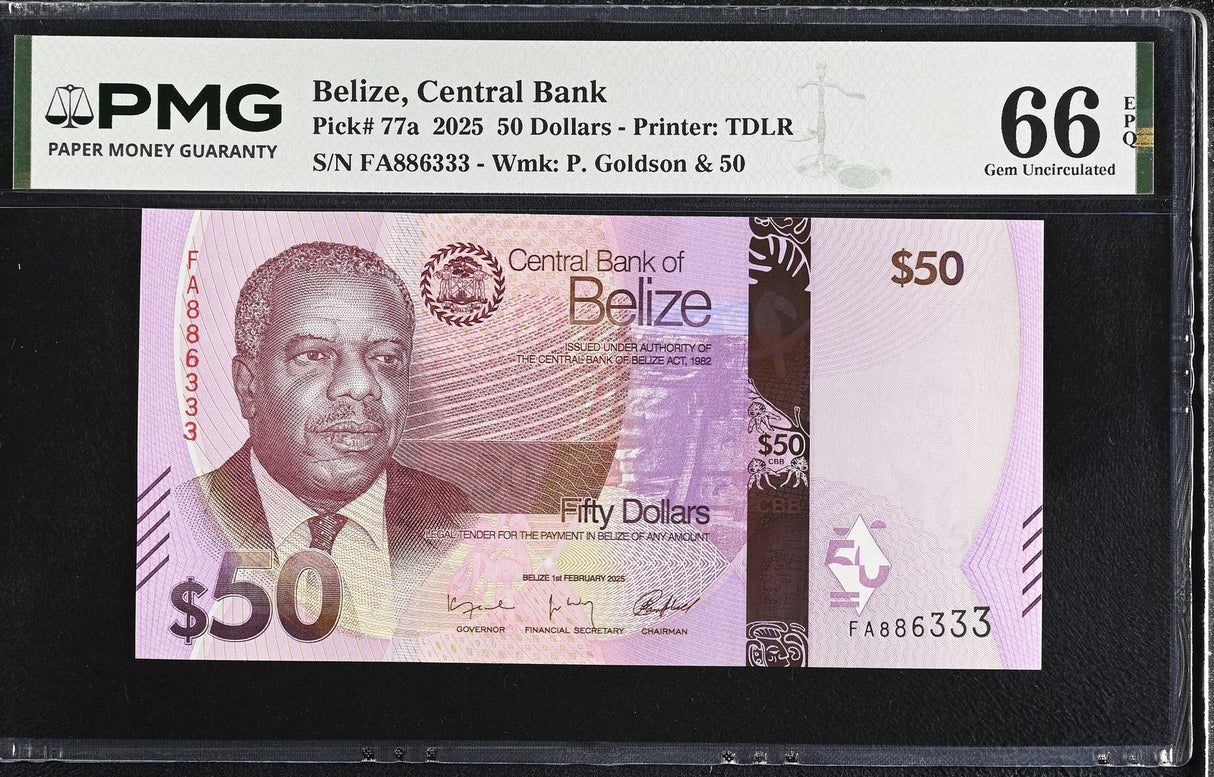Belize 50 Dollars 2025 P 77 a Gem UNC PMG 66 EPQ