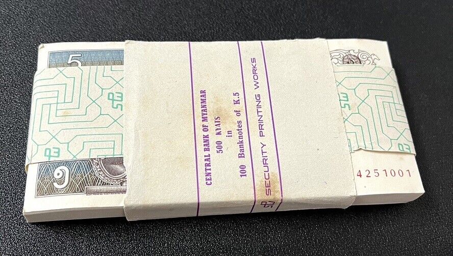 Myanmar 5 Kyats ND 1996 P 70 UNC LOT 100 PCS 1 Bundle Little Tone