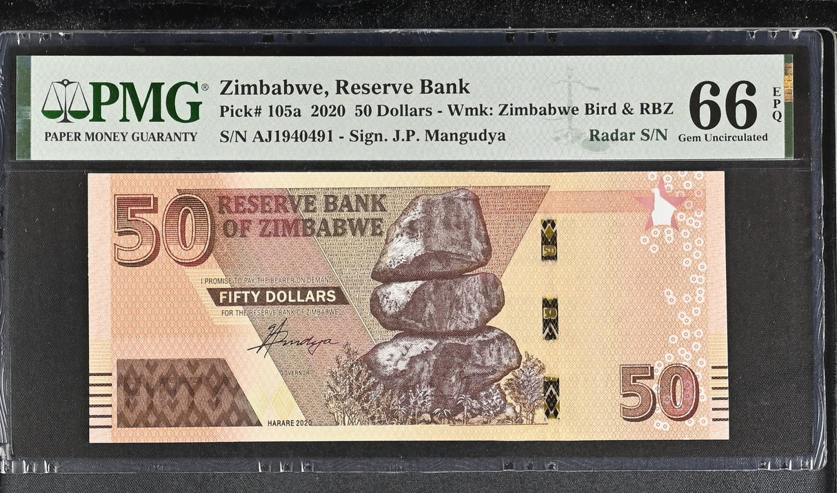 Zimbabwe 50 Dollars 2020 P 105 a RADAR 1940491 Gem UNC PMG 66 EPQ