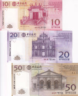Macau Set 3 PCS 10 20 50 Patacas Random Year P 108 P 109 P 110 UNC