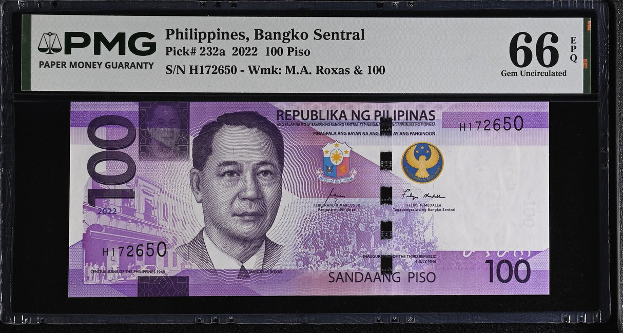 Philippines 100 Piso 2022 P 232 a Gem UNC PMG 66 EPQ , Graded Note