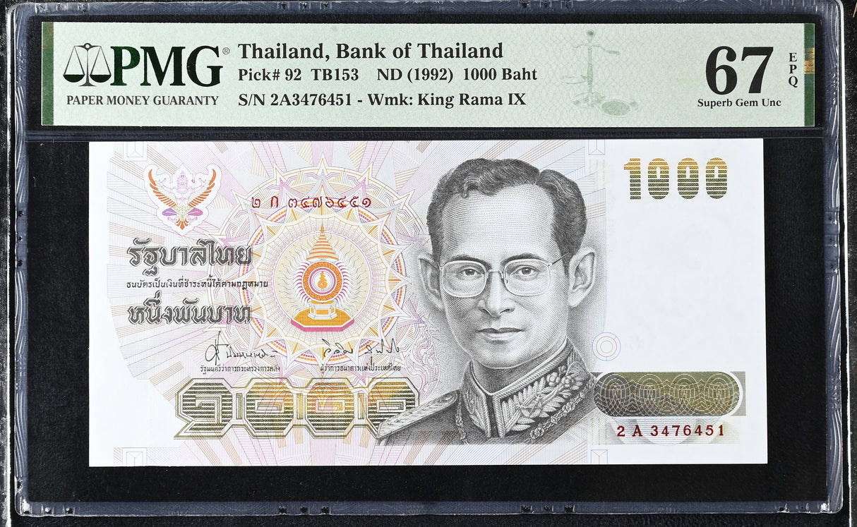 Thailand 1000 Baht ND 1992 P 92 Sign 63 Superb Gem UNC PMG 67 EPQ
