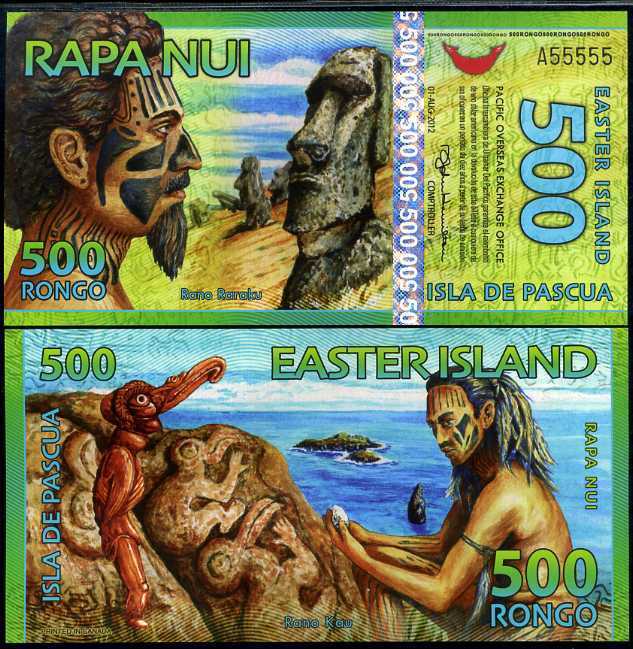EASTER ISLAND 500 RONGO 2012 POLYMER NEW HOLOGRAM SOLID NUMBER A 55555 UNC
