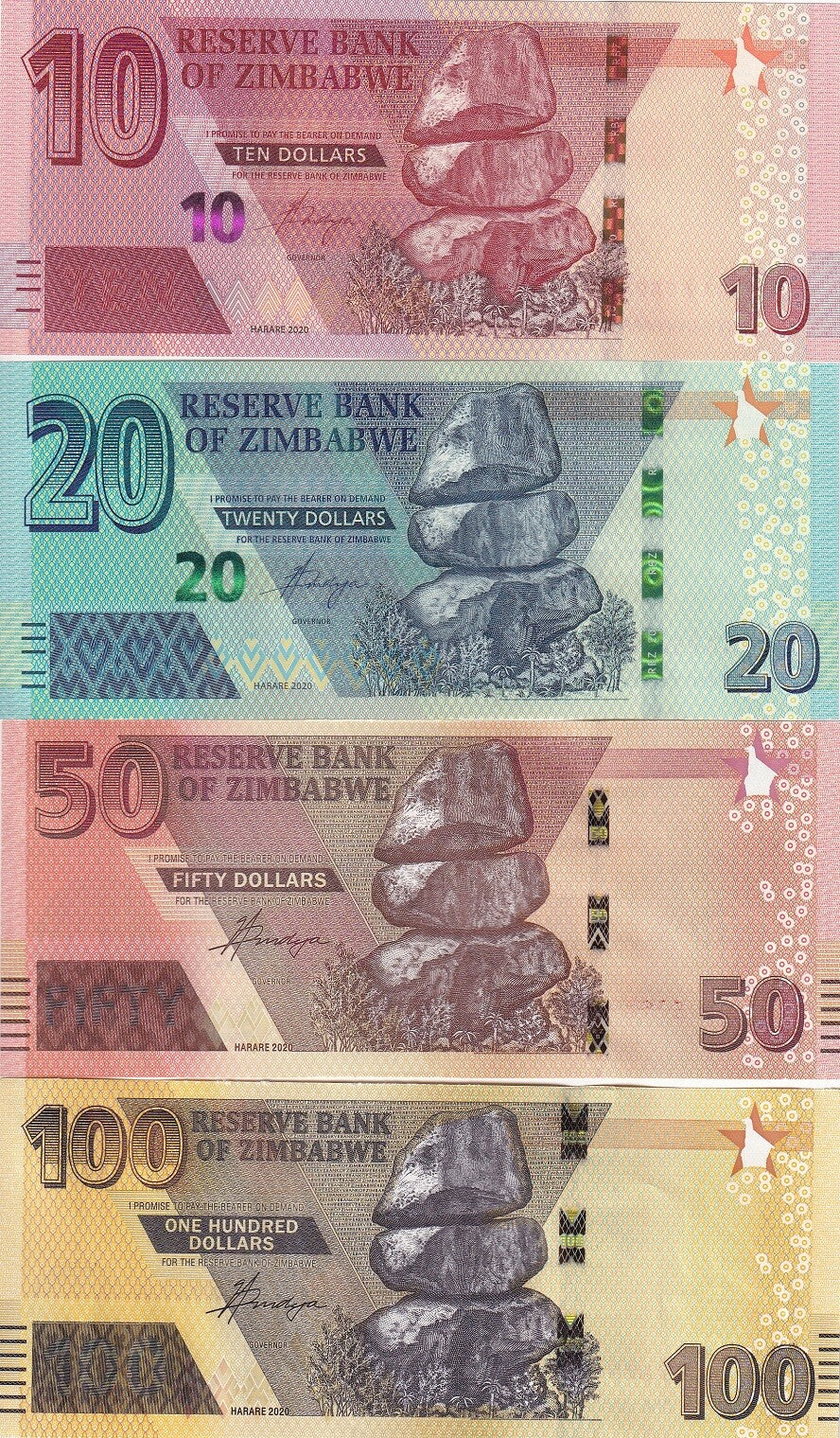 Zimbabwe Set 4 Pcs 10 20 50 100 Dollars 2020 P 103 104 105 106 UNC