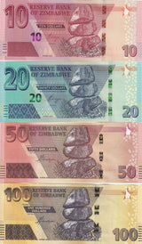 Zimbabwe Set 4 Pcs 10 20 50 100 Dollars 2020 P 103 104 105 106 UNC