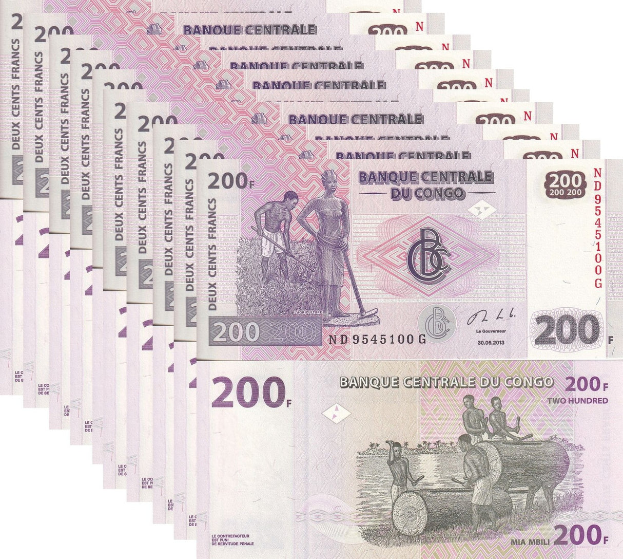 Congo DEMOCRATIC REPUBLIC 200 Francs 2013 P 99 b UNC LOT 10 PCS G&D Drummers