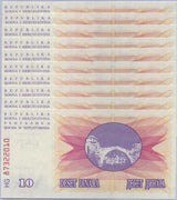 Bosnia 10 Dinara 1992 P 10 AUnc LOT 10 PCS 1/10 BUNDLE