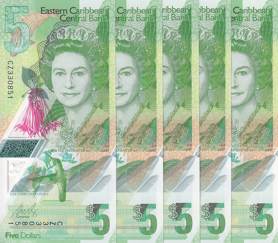 East Caribbean 5 Dollars ND 2021 P 55Aa Queen Polymer QE II LOT 5 PCS UNC