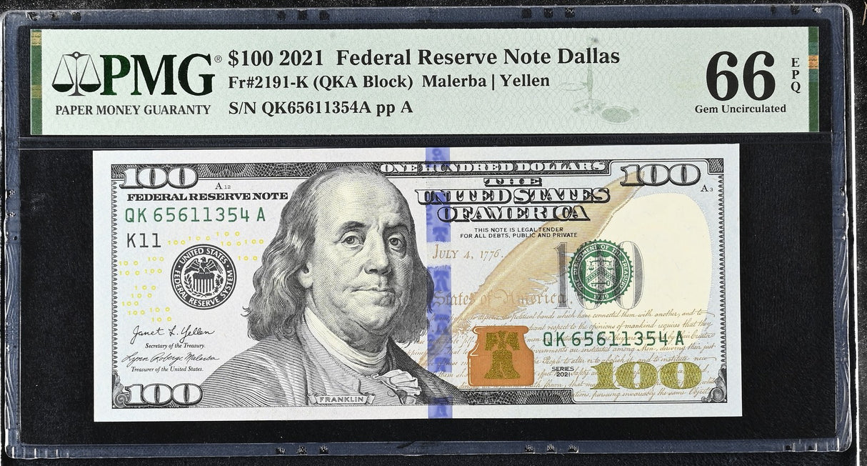 United States 100 Dollars USA 2021 P 555 K Dallas Gem UNC PMG 66 EPQ