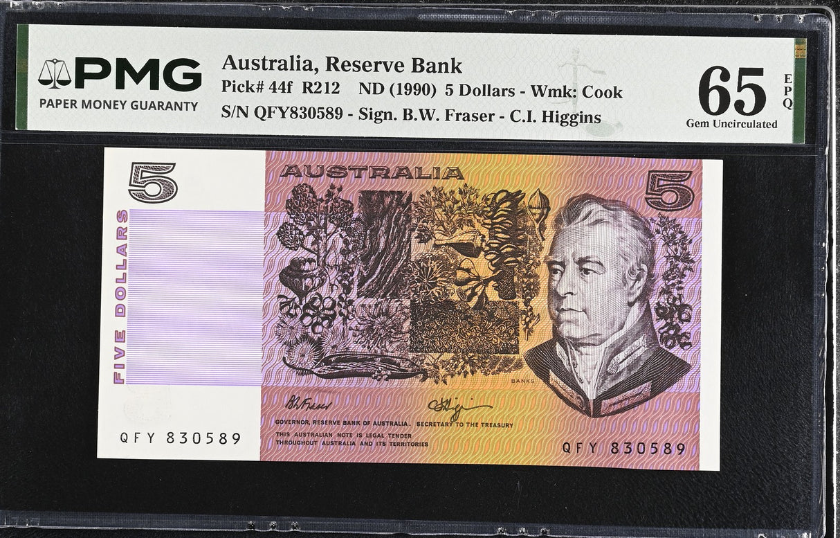 Australia 5 Dollars ND 1990 P 44 f Gem UNC PMG 65 EPQ