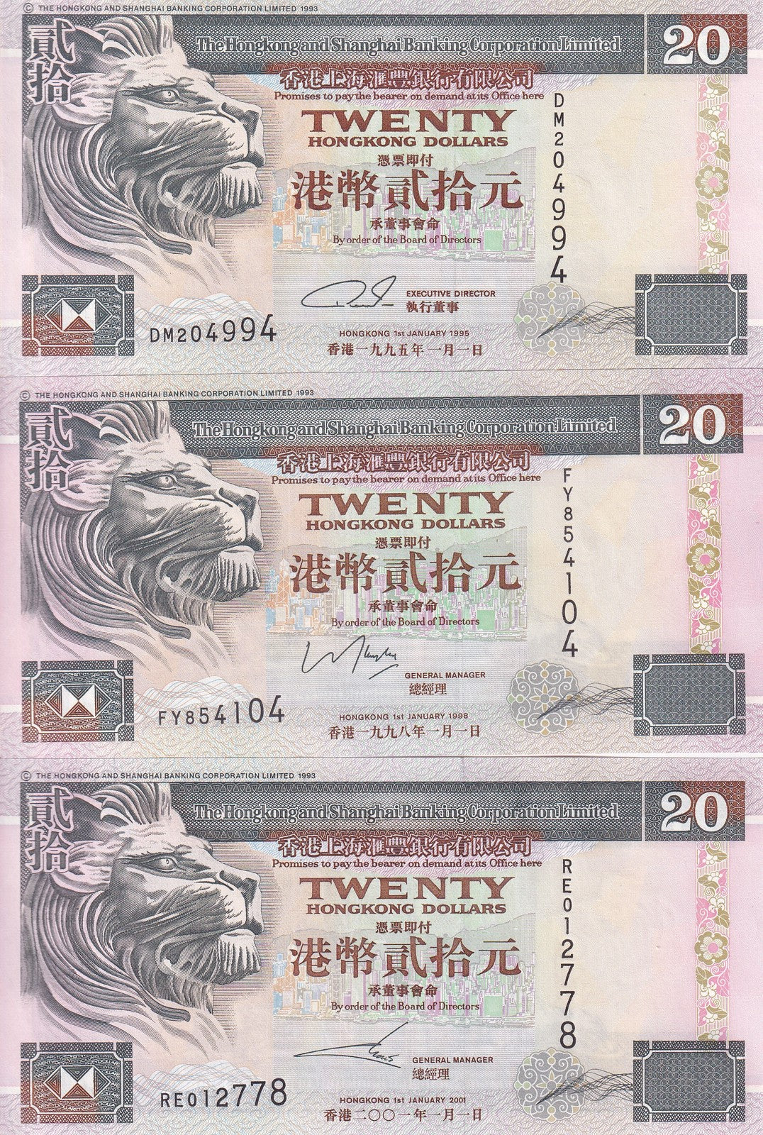Hong Kong Set 3 UNC 20 Dollars 1995 1998 2001 P 201 , HSBC, Lion