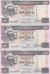 Hong Kong Set 3 UNC 20 Dollars 1995 1998 2001 P 201 , HSBC, Lion