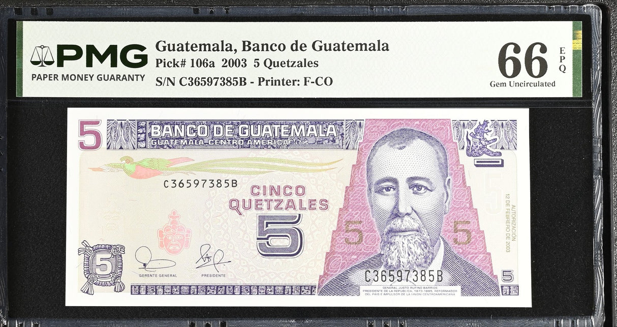 Guatemala 5 Quetzales 2003 P 106 a Gem UNC PMG 66 EPQ