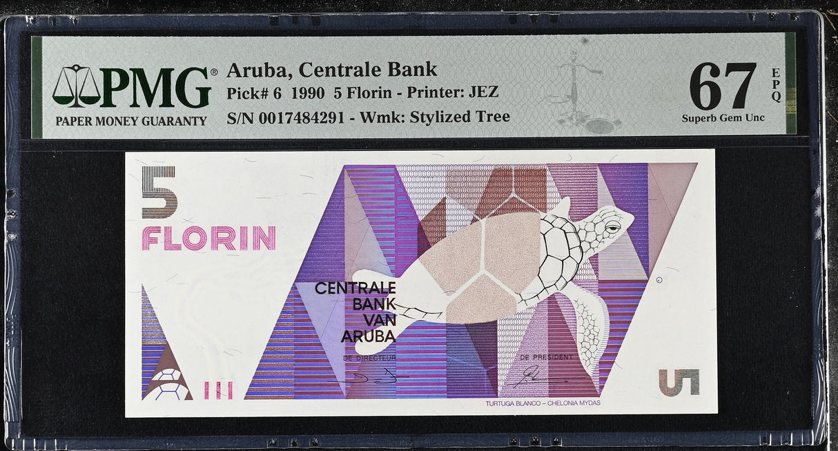 Aruba 5 Florins 1990 P 6 Superb Gem UNC PMG 67 EPQ