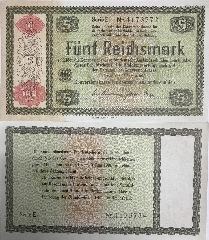 Germany Konversionskasse 5 Reichsmark 1933 P 207 Spcecimen (cancelled) UNC