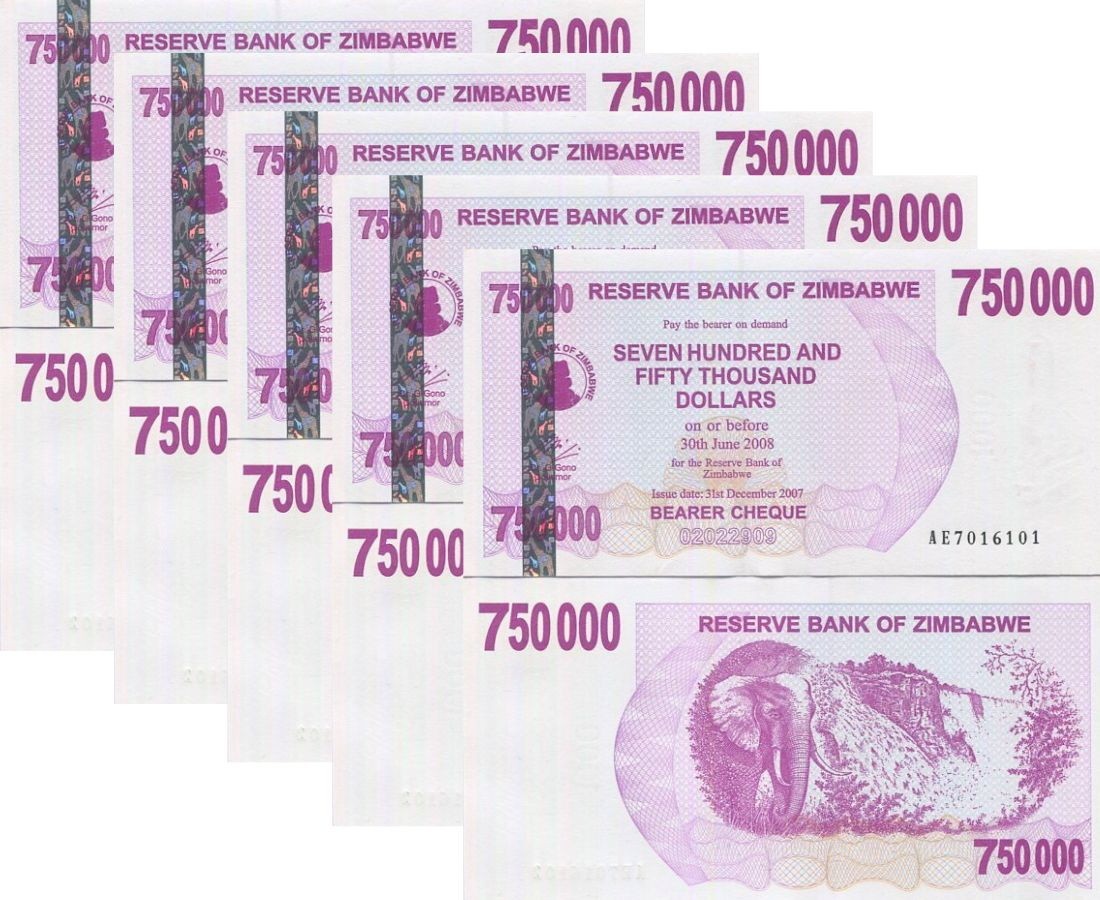Zimbabwe 750000 Dollars Bearer Cheque 2007 P 52 UNC Lot 5 PCS