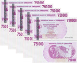 Zimbabwe 750000 Dollars Bearer Cheque 2007 P 52 UNC Lot 5 PCS